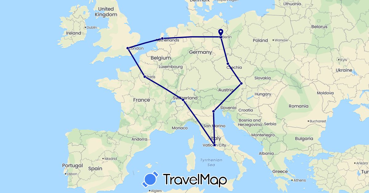 TravelMap itinerary: driving in Austria, Switzerland, Czech Republic, Germany, France, United Kingdom, Italy, Netherlands (Europe)